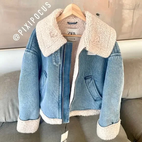 ZARA NEW FAUX SHEARLING BIKER JACKET MOTO DENIM BLUE M MEDIUM 3548/250 - Picture 8 of 16
